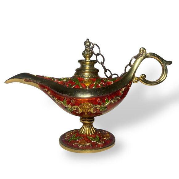 Aladdin Magic Lamp Miniature Brass Enamel Length 4.75" Trinket Holder Home Decor - Picture 5 of 7